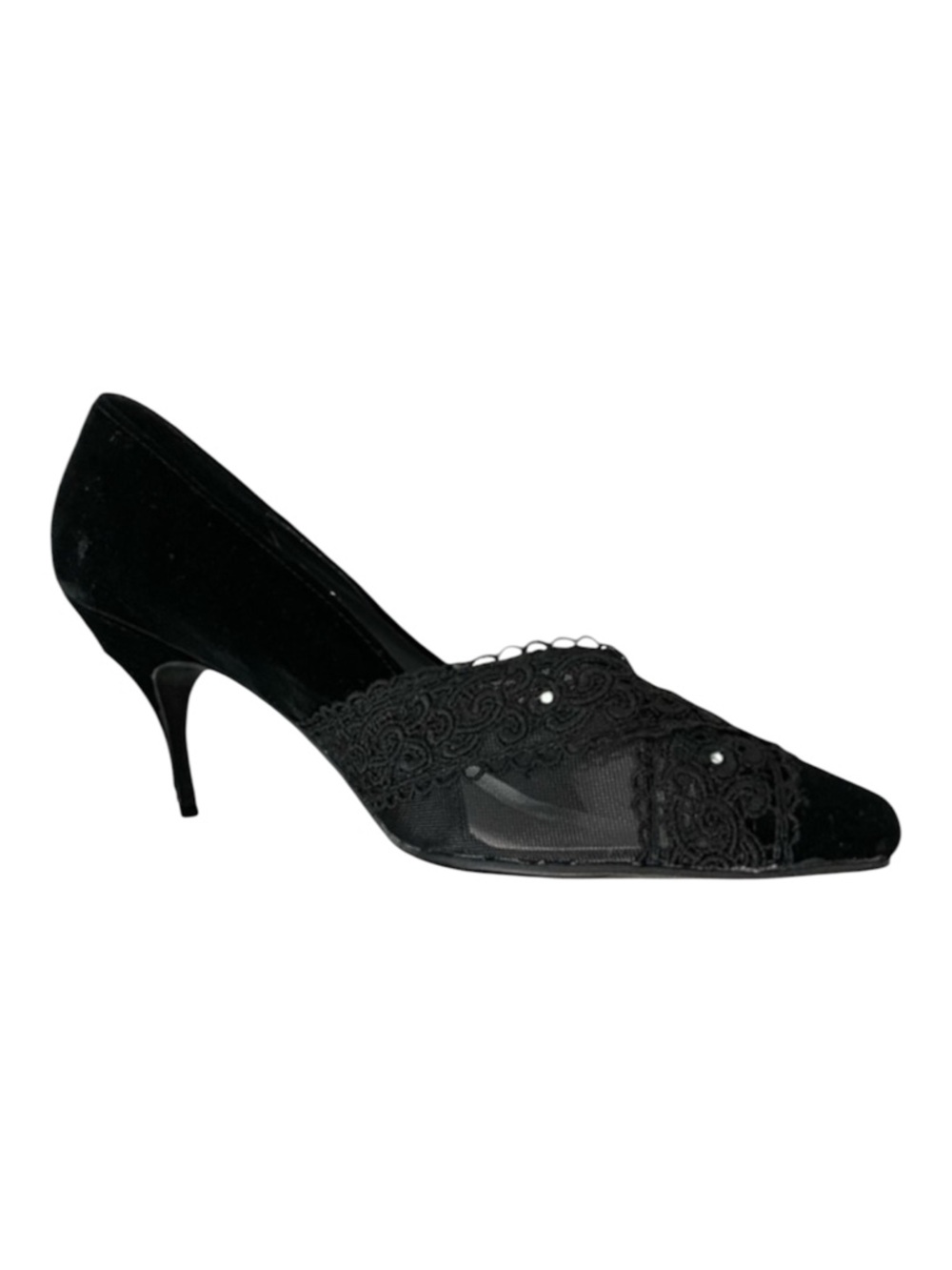 Vintage Black Velvet Kitten Heels Women’s 9 Lace Rhinestone Almond Toe